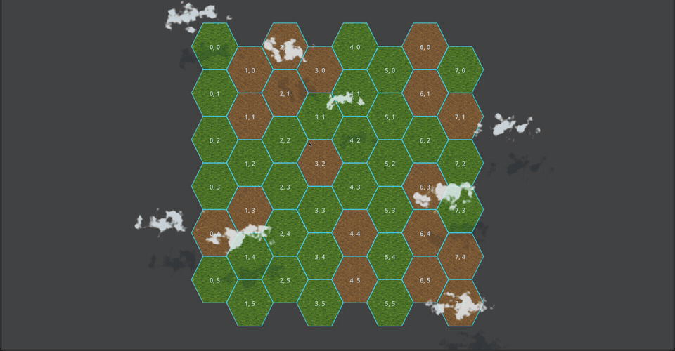 Animated procedural white clouds drifting over green and brown hex terrain while soft shadows move below them.