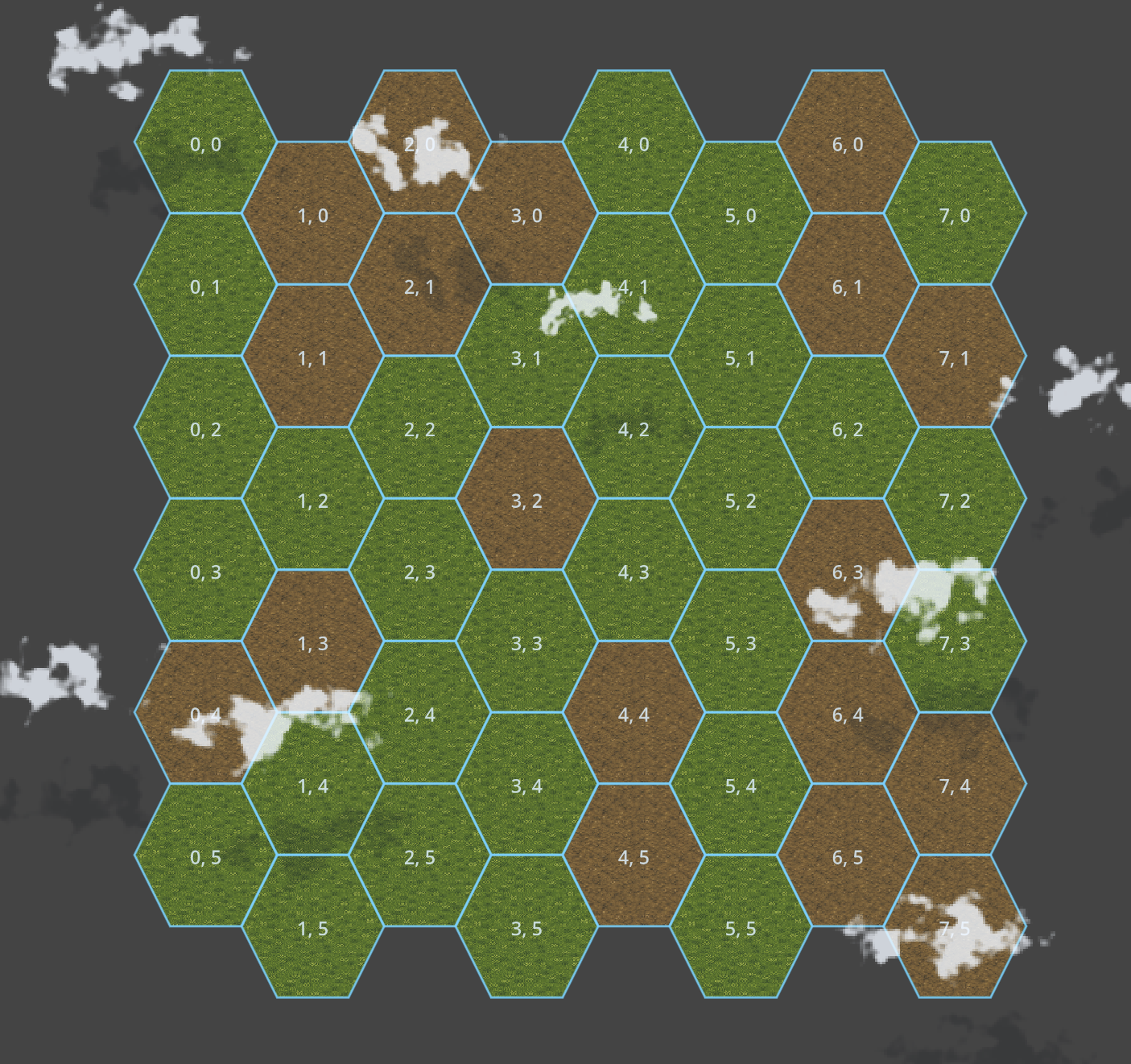 The current Rogue Provisions test map with grass and dirt hexes, coordinate labels, procedural clouds, and shadows.